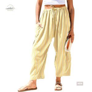 Wide Leg Linen Palazzo Pants with Drawstring Waist and Pockets